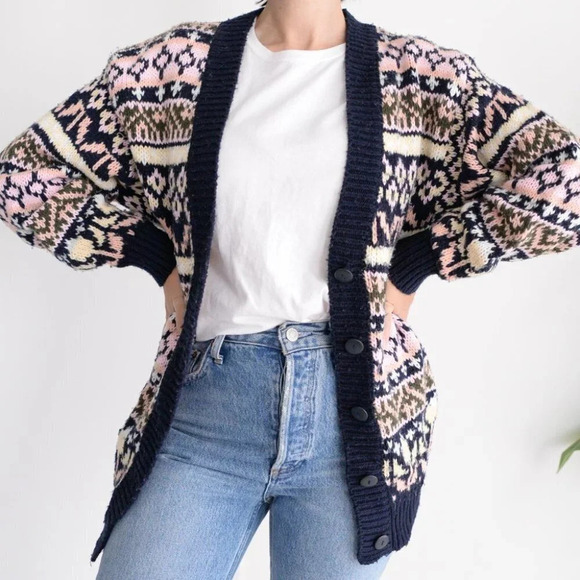 Vintage Pure Stuff Navy and Pink Knit Button Cardigan Size Small - Picture 2 of 12